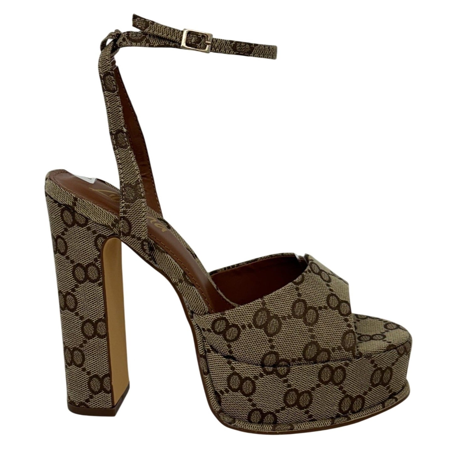 LILIANA / Josy-6 / Beige Monogram / Platform / Heels With Adjustable Ankle / Strap Open Toe / Design And Chunky Block Heel SHOES BY FLOR