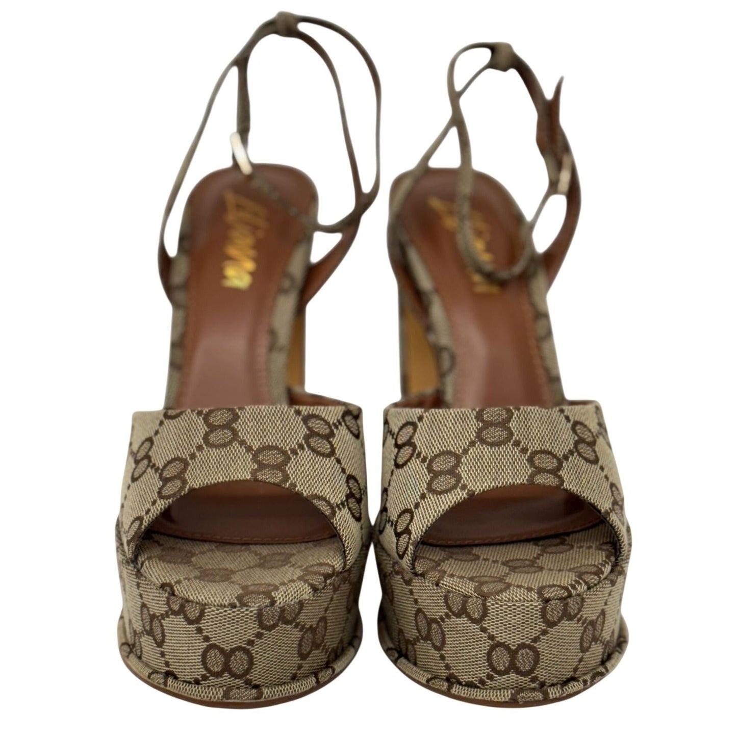 LILIANA / Josy-6 / Beige Monogram / Platform / Heels With Adjustable Ankle / Strap Open Toe / Design And Chunky Block Heel SHOES BY FLOR