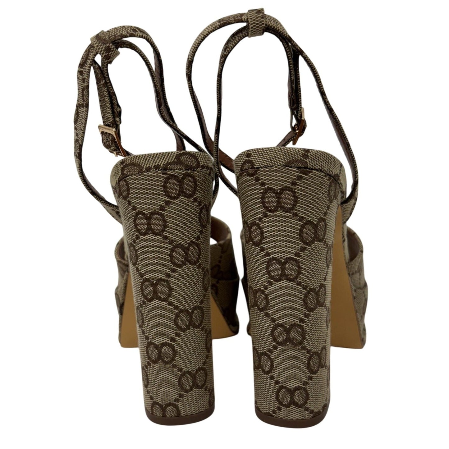 LILIANA / Josy-6 / Beige Monogram / Platform / Heels With Adjustable Ankle / Strap Open Toe / Design And Chunky Block Heel SHOES BY FLOR