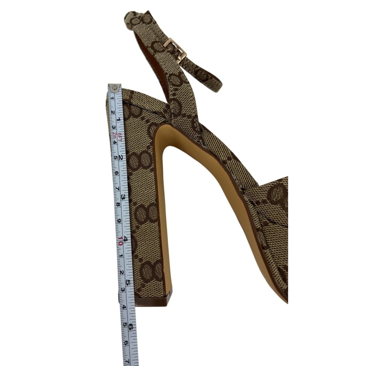 LILIANA / Josy-6 / Beige Monogram / Platform / Heels With Adjustable Ankle / Strap Open Toe / Design And Chunky Block Heel SHOES BY FLOR