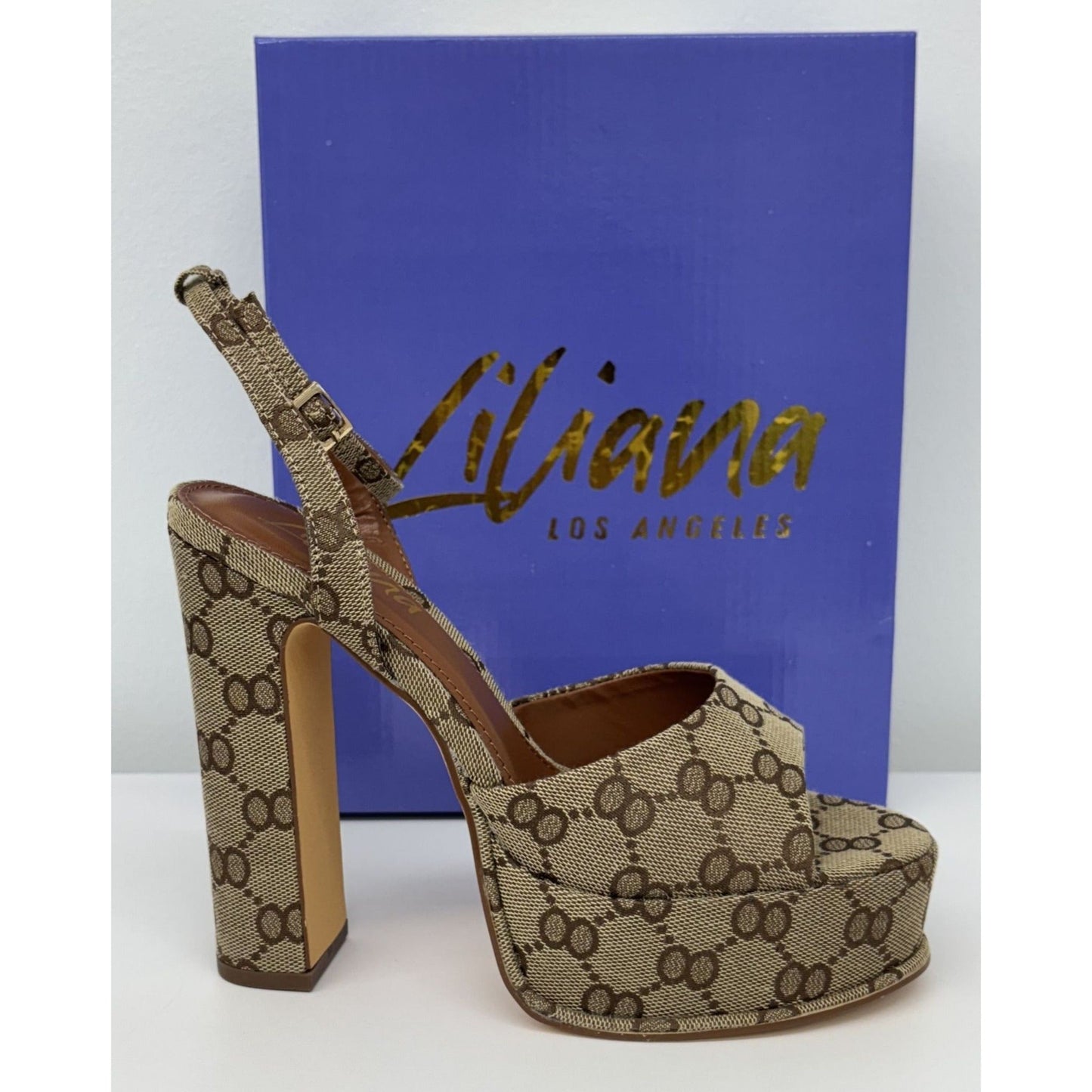 LILIANA / Josy-6 / Beige Monogram / Platform / Heels With Adjustable Ankle / Strap Open Toe / Design And Chunky Block Heel SHOES BY FLOR