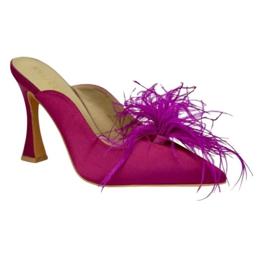 KAYLEEN / Cailin-20 / Pink Satin / Mule Heels / With Feather Embellishment & Unique Heel Design SHOES BY FLOR