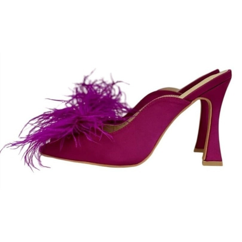 KAYLEEN / Cailin-20 / Pink Satin / Mule Heels / With Feather Embellishment & Unique Heel Design SHOES BY FLOR