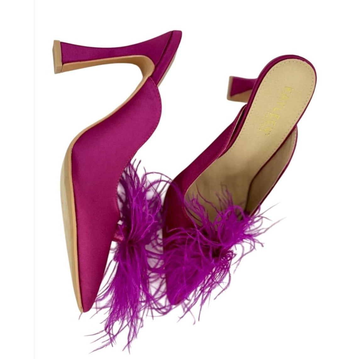 KAYLEEN / Cailin-20 / Pink Satin / Mule Heels / With Feather Embellishment & Unique Heel Design SHOES BY FLOR