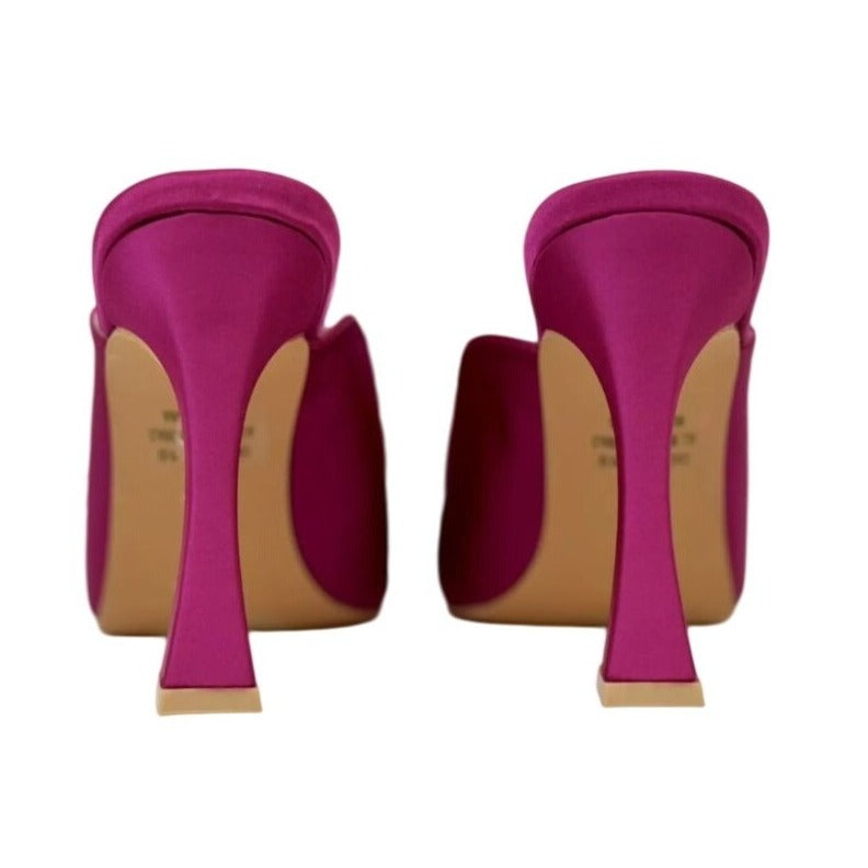 KAYLEEN / Cailin-20 / Pink Satin / Mule Heels / With Feather Embellishment & Unique Heel Design SHOES BY FLOR