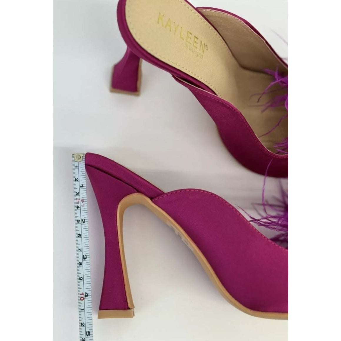 KAYLEEN / Cailin-20 / Pink Satin / Mule Heels / With Feather Embellishment & Unique Heel Design SHOES BY FLOR