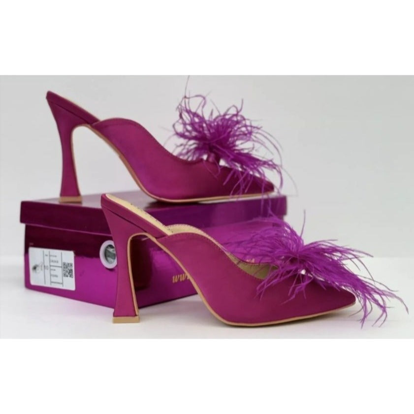 KAYLEEN / Cailin-20 / Pink Satin / Mule Heels / With Feather Embellishment & Unique Heel Design SHOES BY FLOR