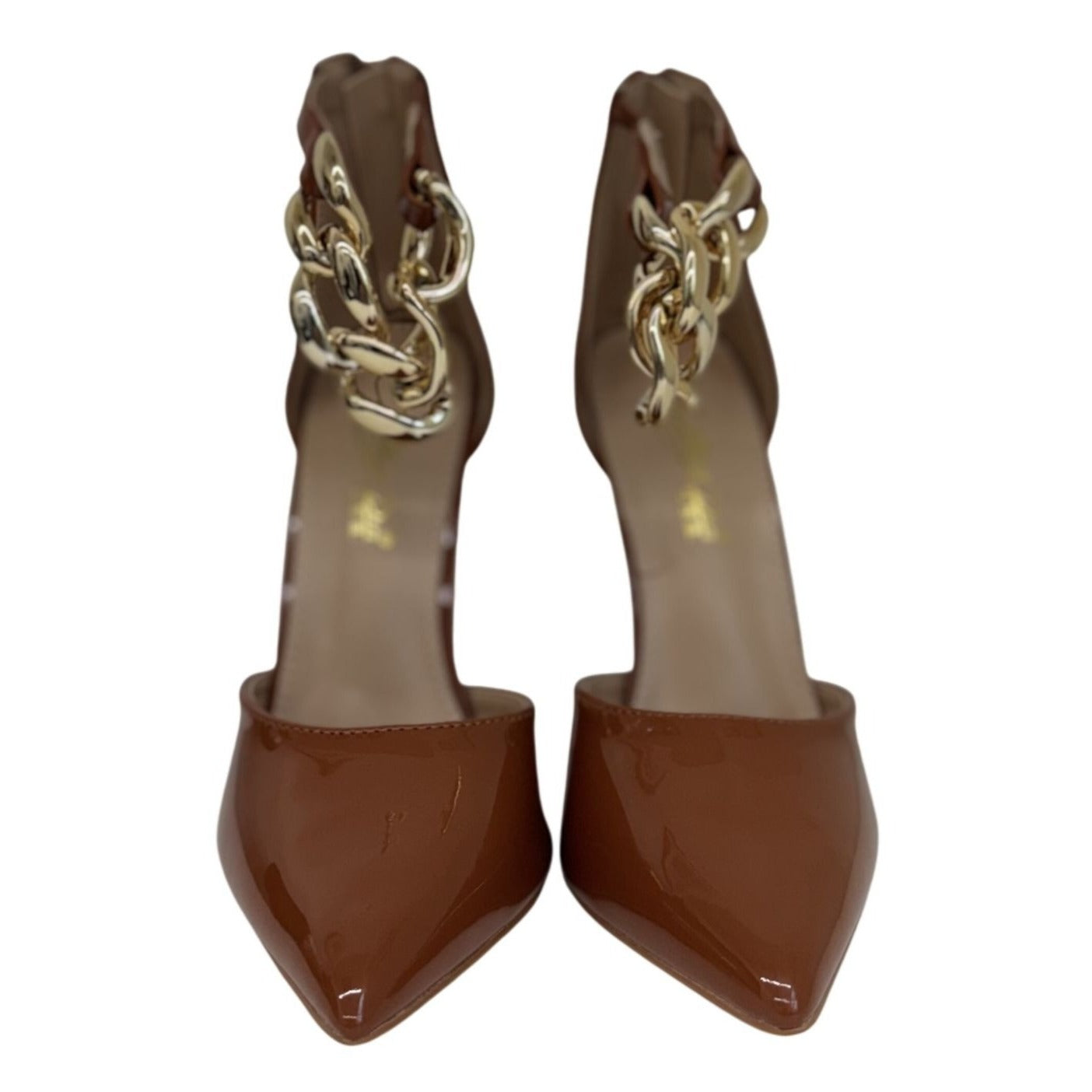 CATHY DIN / Rae-61 / Womens Pointed-Toe High Heels / With Gold Chain Accent & Ankle Strap - Cathy Din USA - Patent Leather Finish SHOES BY FLOR