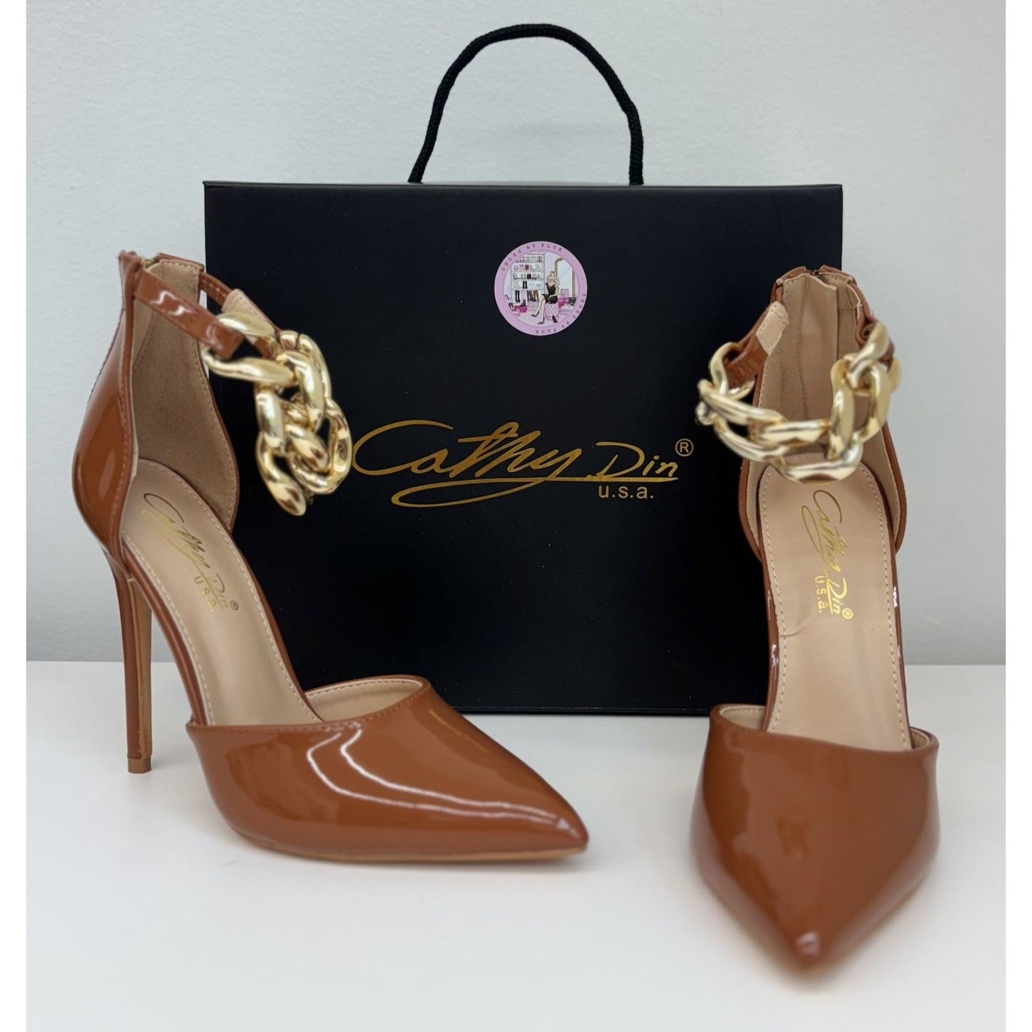 CATHY DIN / Rae-61 / Womens Pointed-Toe High Heels / With Gold Chain Accent & Ankle Strap - Cathy Din USA - Patent Leather Finish SHOES BY FLOR