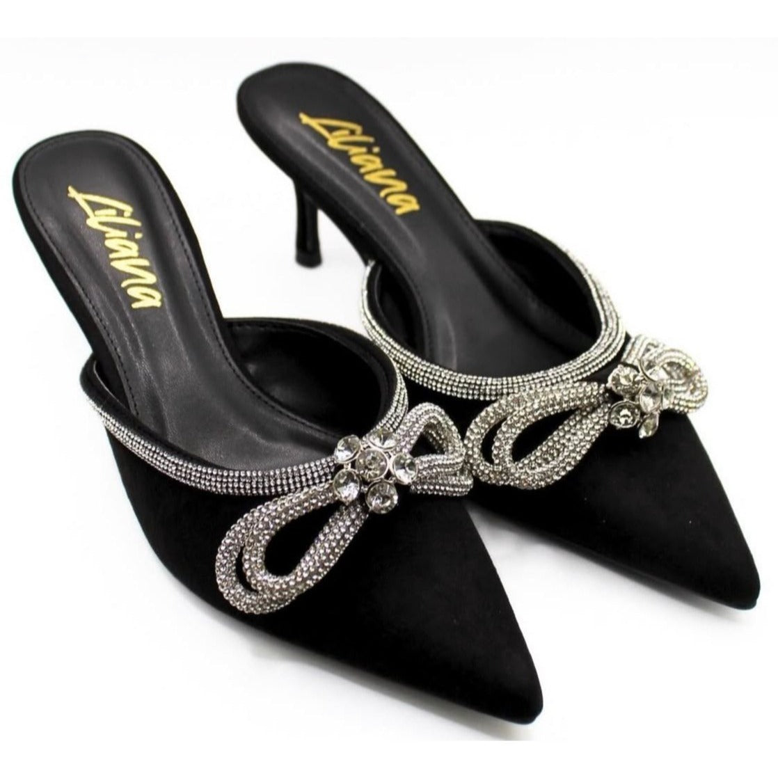 LILIANA / Romantiq 1 / Black / Rhinestone / Bow / Embellished / Slip-On Mule Heels / With Pointed / Toe & Kitten / Heel SHOES BY FLOR