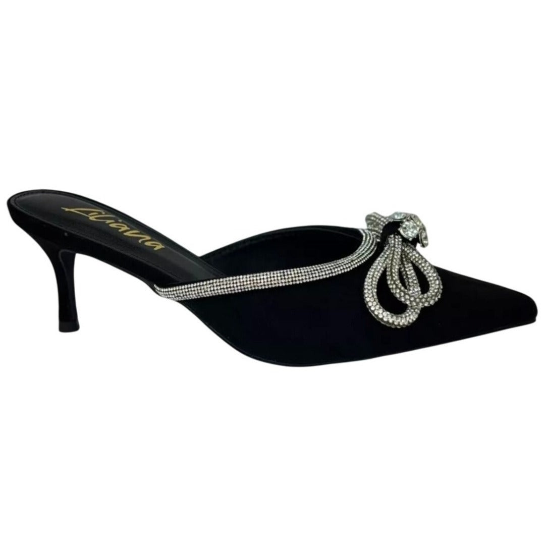 LILIANA / Romantiq 1 / Black / Rhinestone / Bow / Embellished / Slip-On Mule Heels / With Pointed / Toe & Kitten / Heel SHOES BY FLOR
