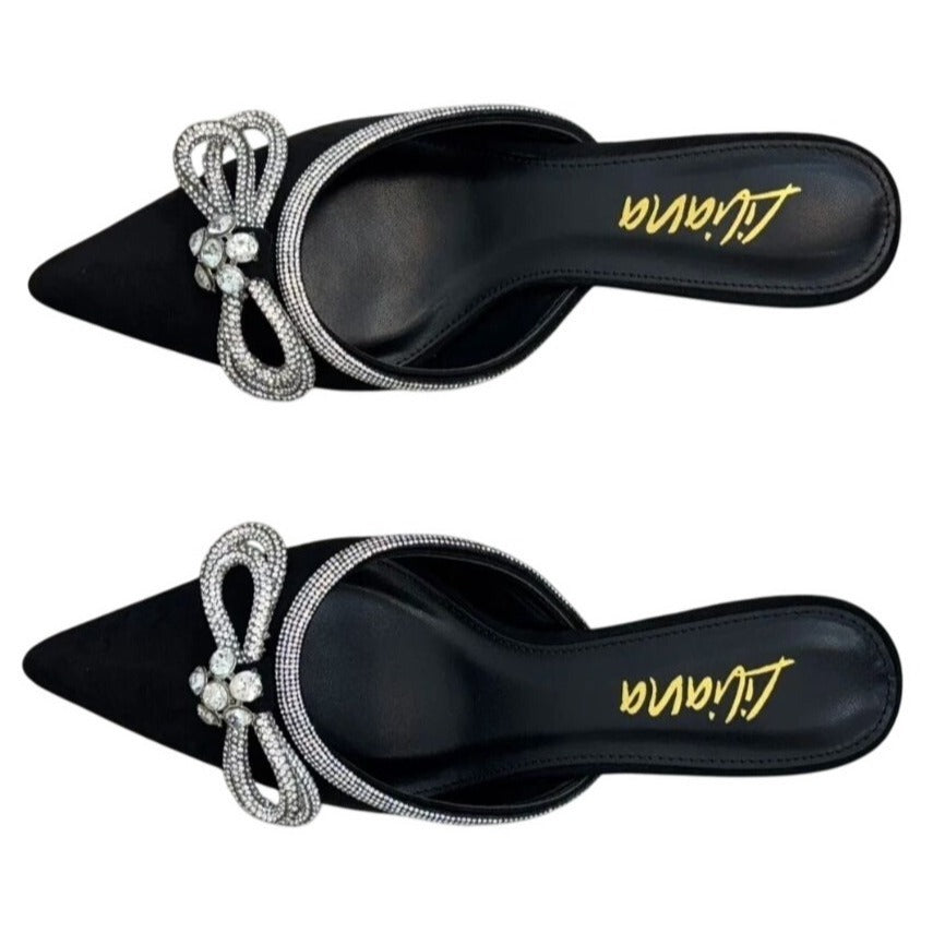 LILIANA / Romantiq 1 / Black / Rhinestone / Bow / Embellished / Slip-On Mule Heels / With Pointed / Toe & Kitten / Heel SHOES BY FLOR