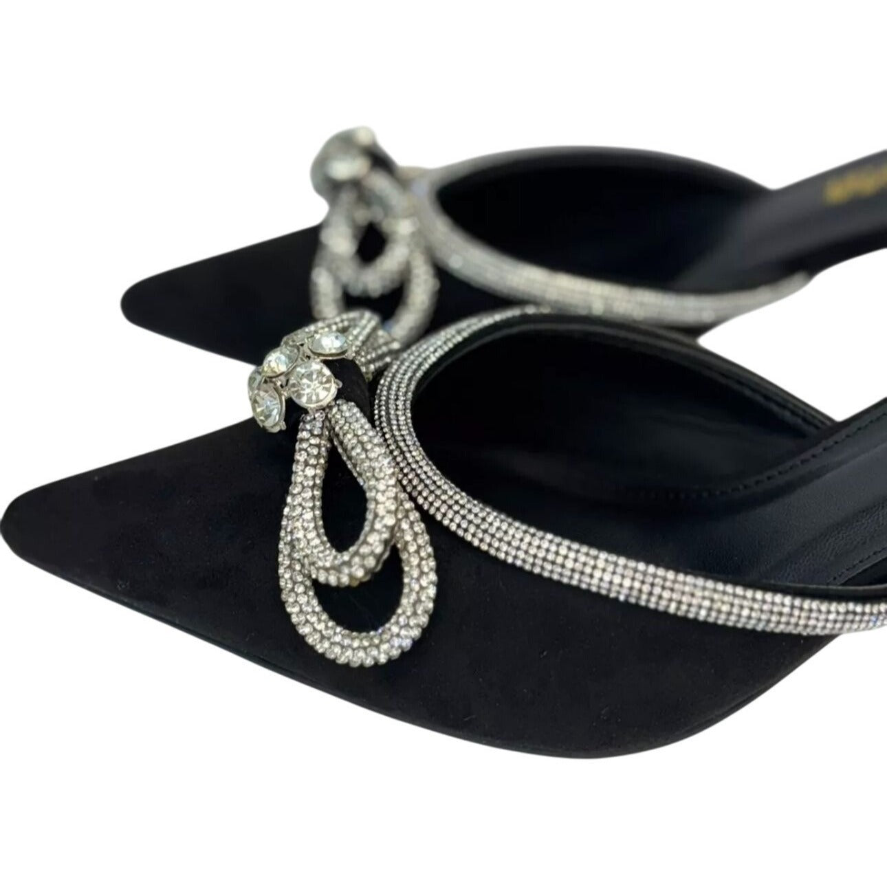 LILIANA / Romantiq 1 / Black / Rhinestone / Bow / Embellished / Slip-On Mule Heels / With Pointed / Toe & Kitten / Heel SHOES BY FLOR
