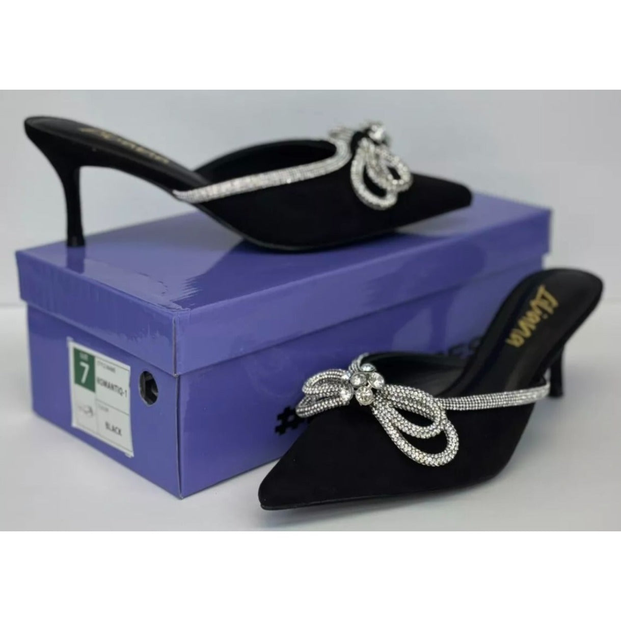 LILIANA / Romantiq 1 / Black / Rhinestone / Bow / Embellished / Slip-On Mule Heels / With Pointed / Toe & Kitten / Heel SHOES BY FLOR