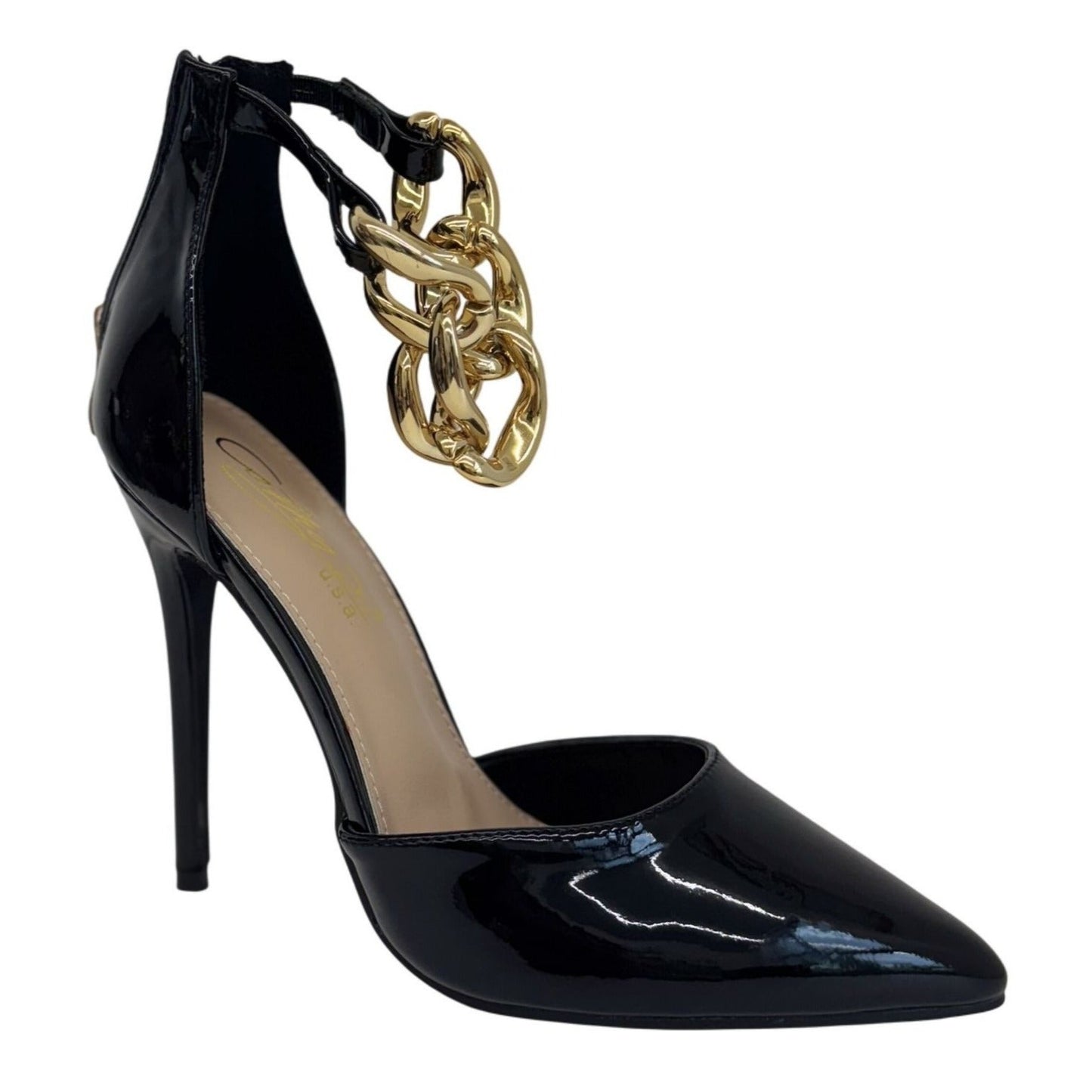 CATHY DIN / Rae-61 / Patent Leather / Stiletto Heels/ With Gold / Chain Anklet Detail Black / Color Options / US Sizes / Elegant Design SHOES BY FLOR