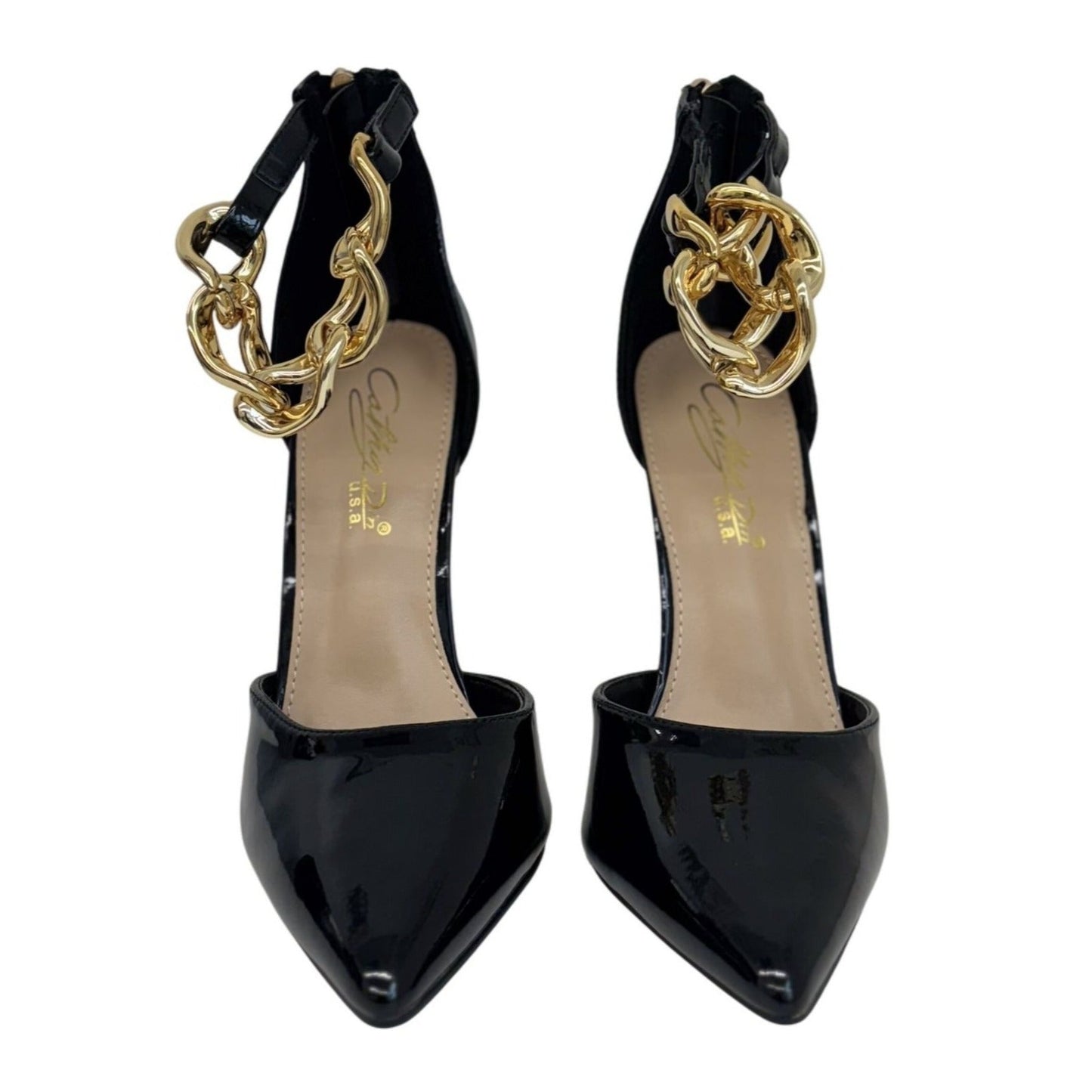 CATHY DIN / Rae-61 / Patent Leather / Stiletto Heels/ With Gold / Chain Anklet Detail Black / Color Options / US Sizes / Elegant Design SHOES BY FLOR