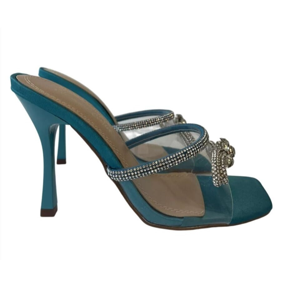 CHASE+CHLOE/ Turquoise Bow / Blue / Rhinestone / Embellished/ Heeled Sandals With Satin / Finish & Transparent Straps / Size 6 SHOES BY FLOR