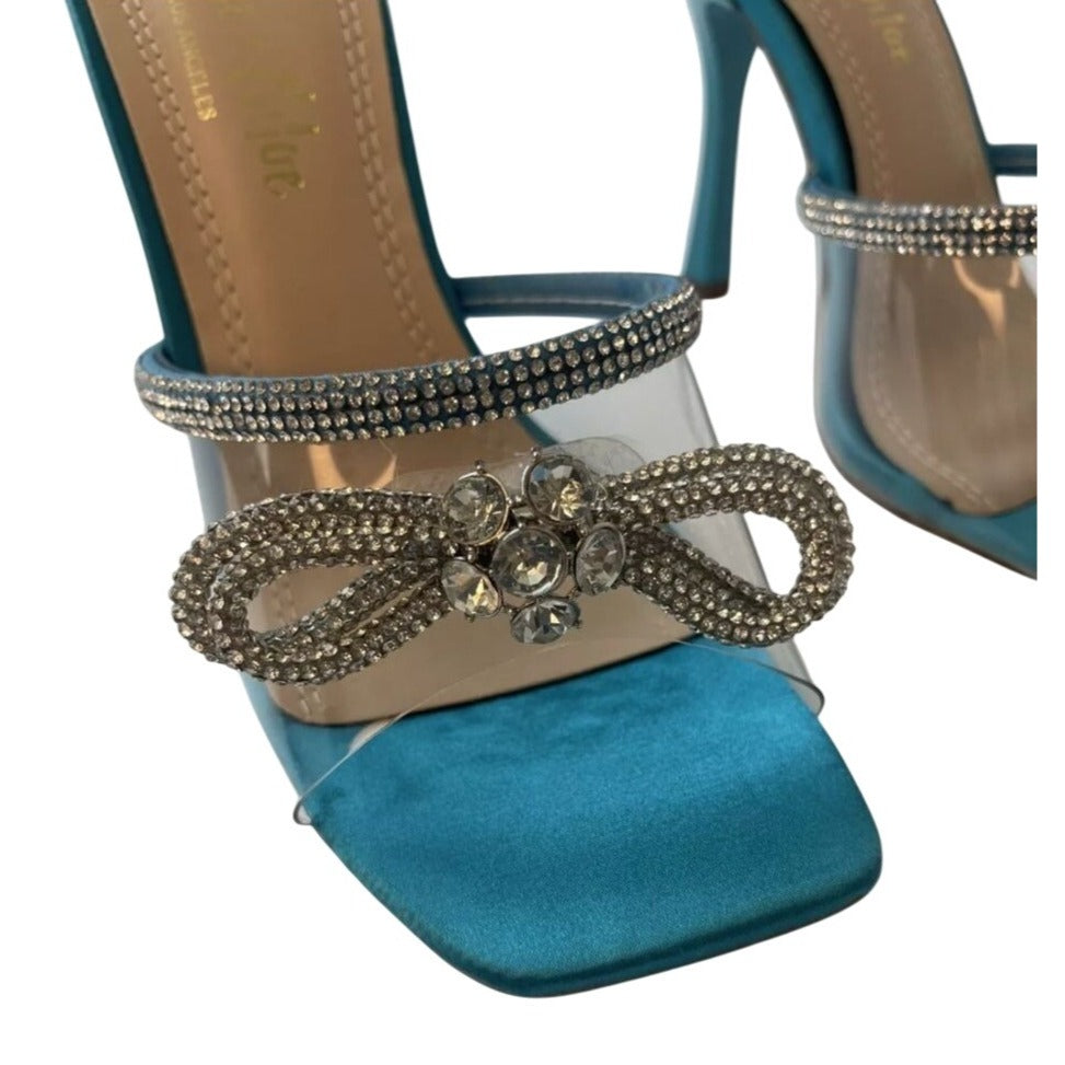 CHASE+CHLOE/ Turquoise Bow / Blue / Rhinestone / Embellished/ Heeled Sandals With Satin / Finish & Transparent Straps / Size 6 SHOES BY FLOR
