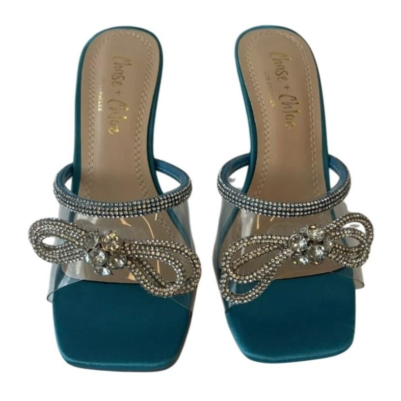 CHASE+CHLOE/ Turquoise Bow / Blue / Rhinestone / Embellished/ Heeled Sandals With Satin / Finish & Transparent Straps / Size 6 SHOES BY FLOR