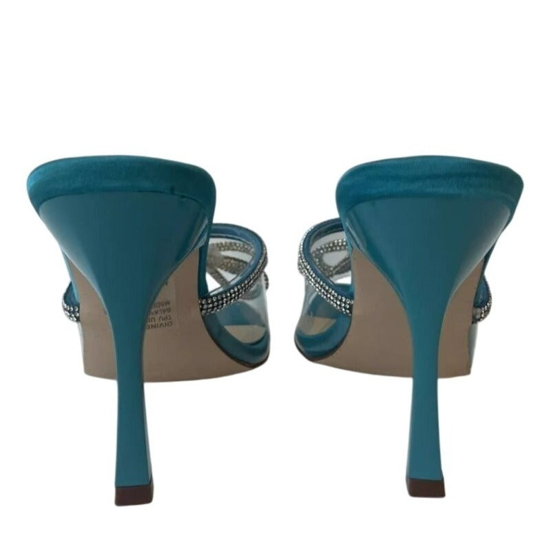 CHASE+CHLOE/ Turquoise Bow / Blue / Rhinestone / Embellished/ Heeled Sandals With Satin / Finish & Transparent Straps / Size 6 SHOES BY FLOR