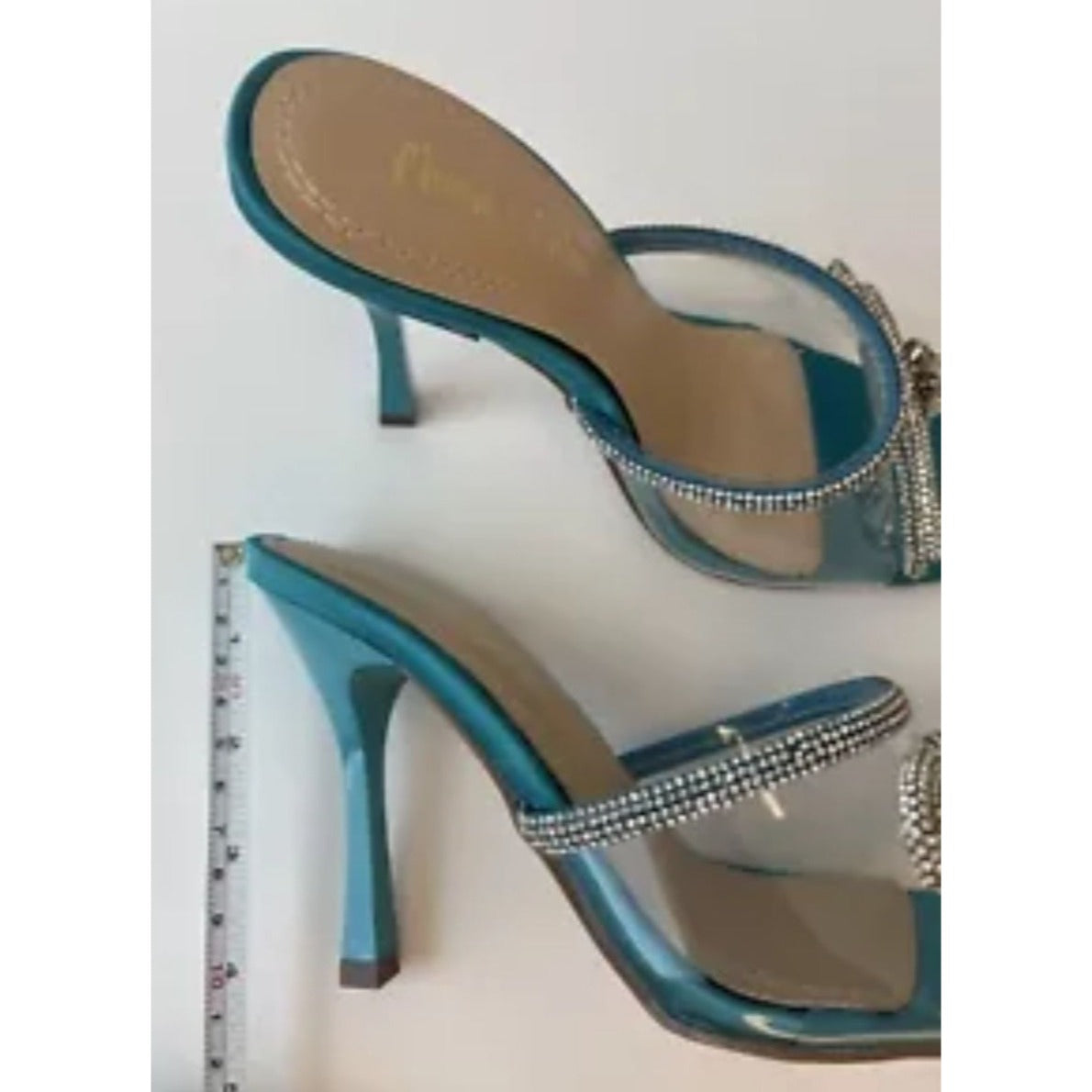 CHASE+CHLOE/ Turquoise Bow / Blue / Rhinestone / Embellished/ Heeled Sandals With Satin / Finish & Transparent Straps / Size 6 SHOES BY FLOR