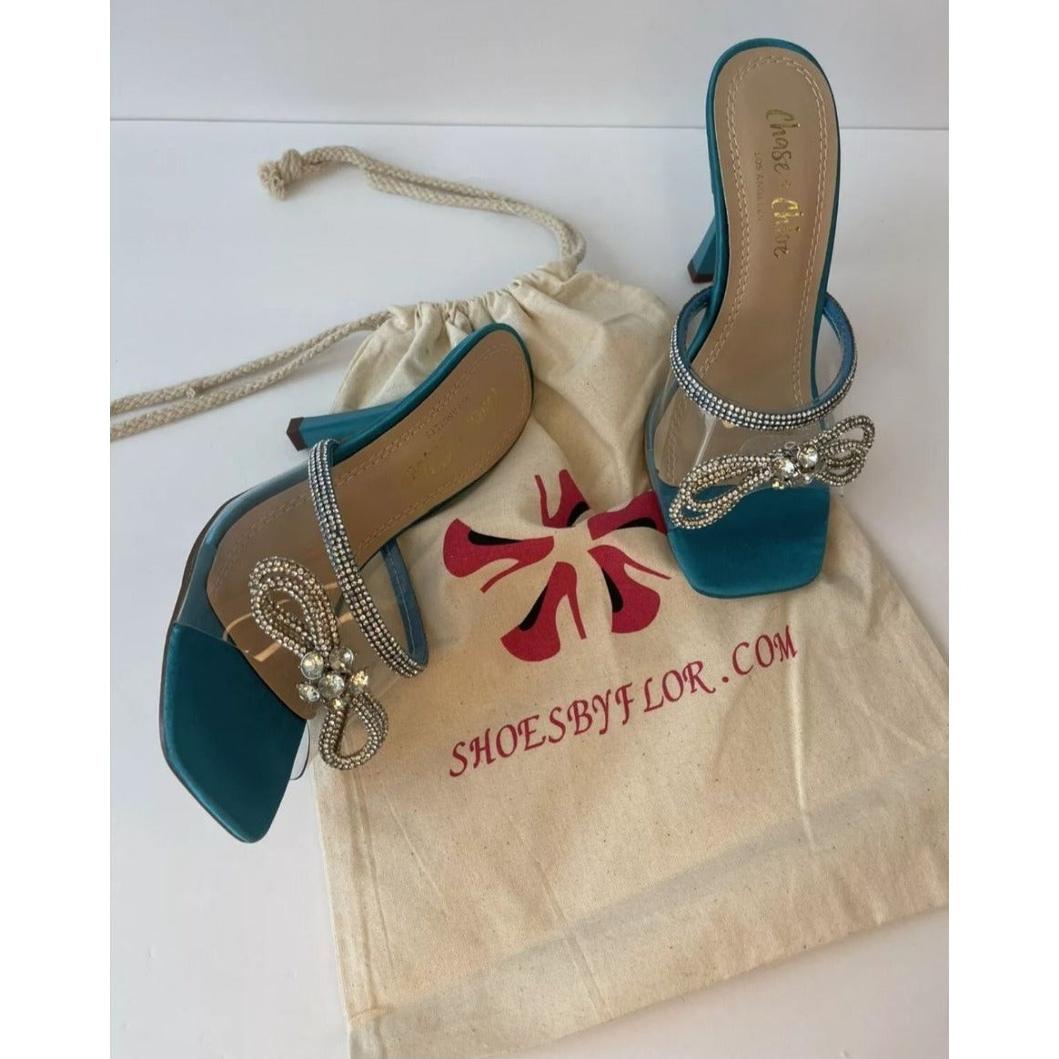 CHASE+CHLOE/ Turquoise Bow / Blue / Rhinestone / Embellished/ Heeled Sandals With Satin / Finish & Transparent Straps / Size 6 SHOES BY FLOR