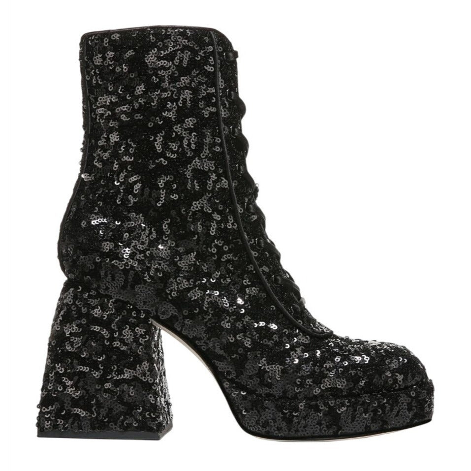 CIRCUS BY SAM EDELMAN / Kia Sequin / Black / Lace-Up & Zipper Closure / Chunky / Heel / Glamorous Design / Size 7 SHOES BY FLOR