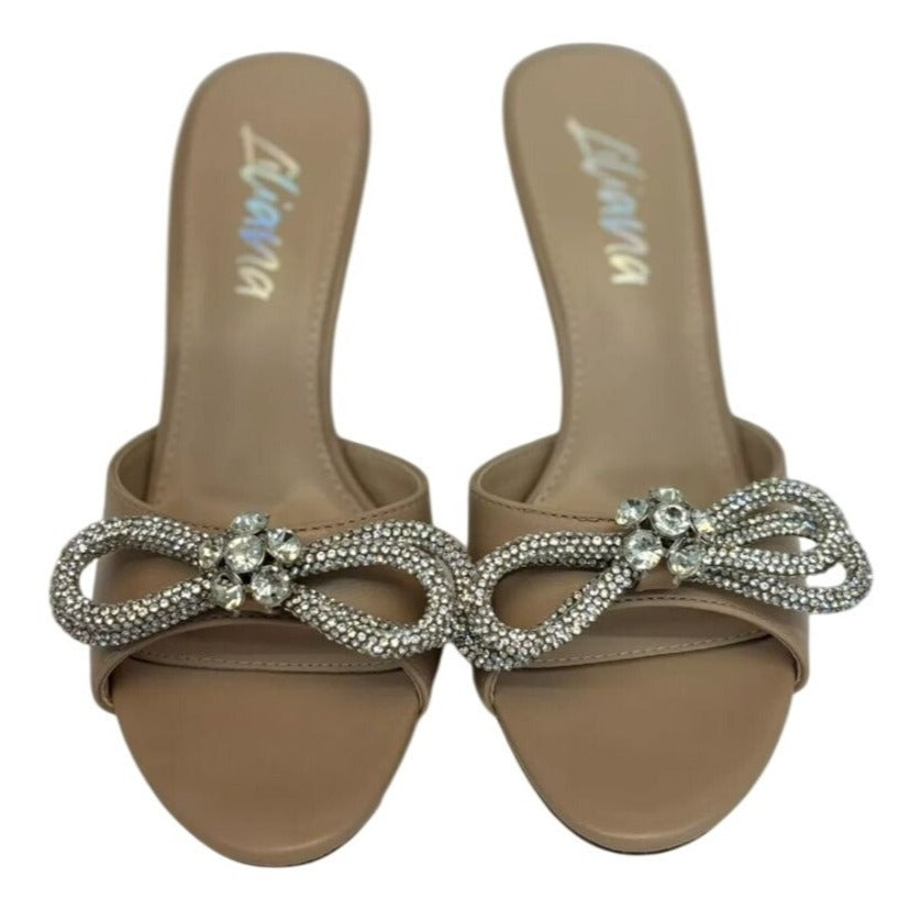 LILIANA / Zaha-4 / Beige / High Heel / Mules / With Rhinestone Bow Detail SHOES BY FLOR