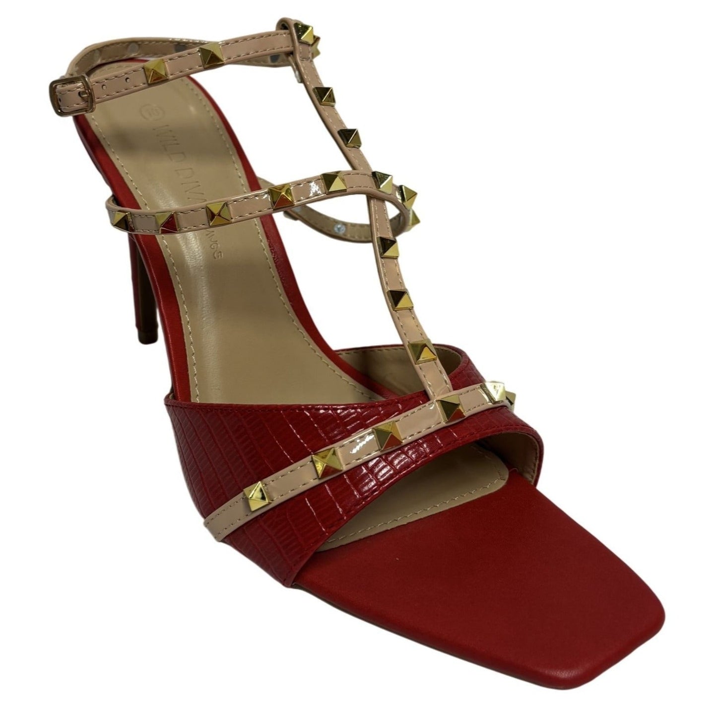 WILD DIVA / Lacey-28 / Red / Strappy / High Hee l/ Sandals With Gold Studded Accents SHOES BY FLOR