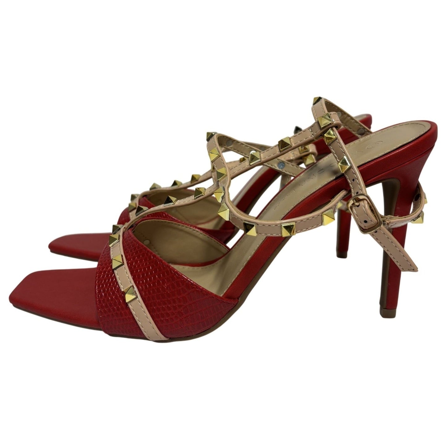 WILD DIVA / Lacey-28 / Red / Strappy / High Hee l/ Sandals With Gold Studded Accents SHOES BY FLOR