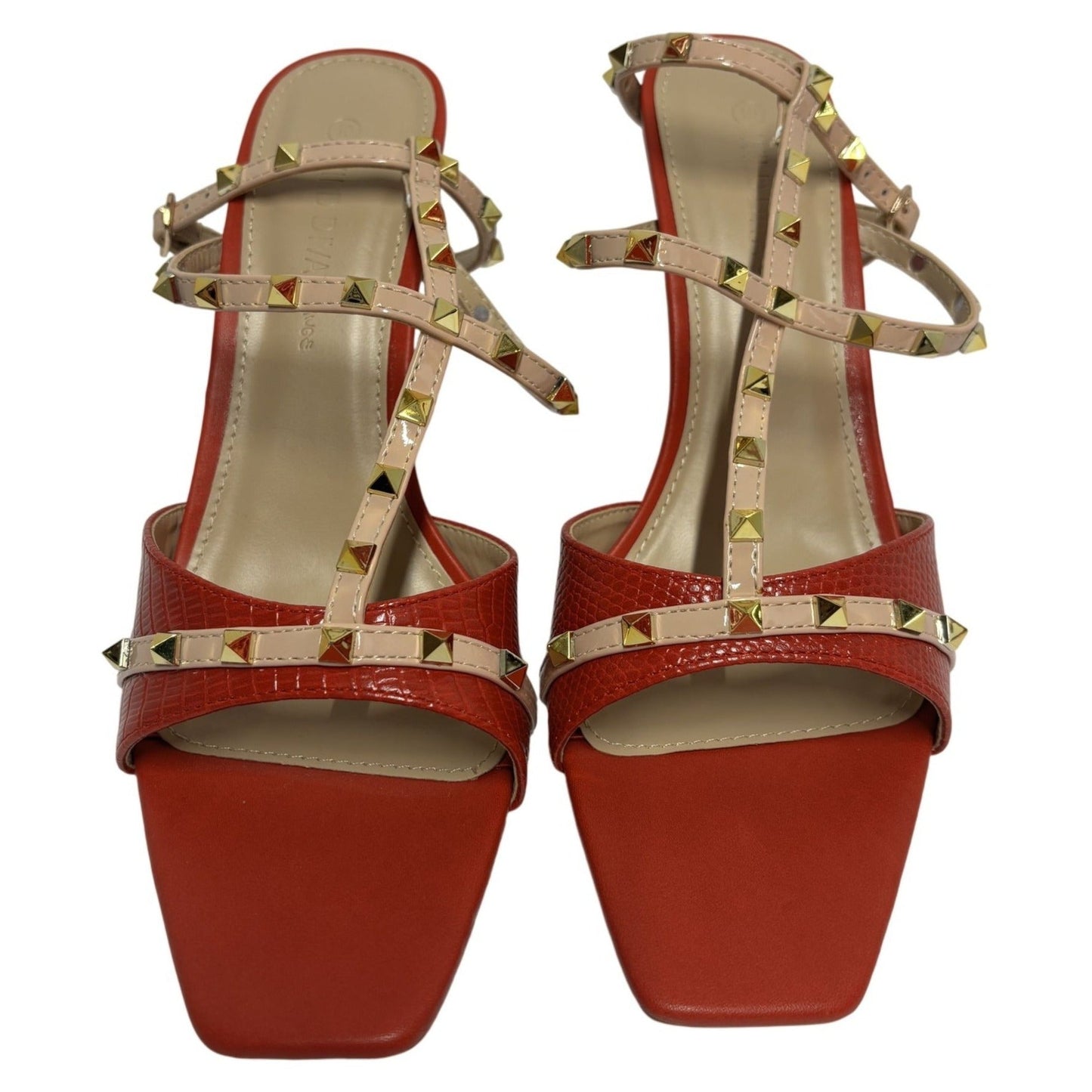WILD DIVA / Lacey-28 / Red / Strappy / High Hee l/ Sandals With Gold Studded Accents SHOES BY FLOR