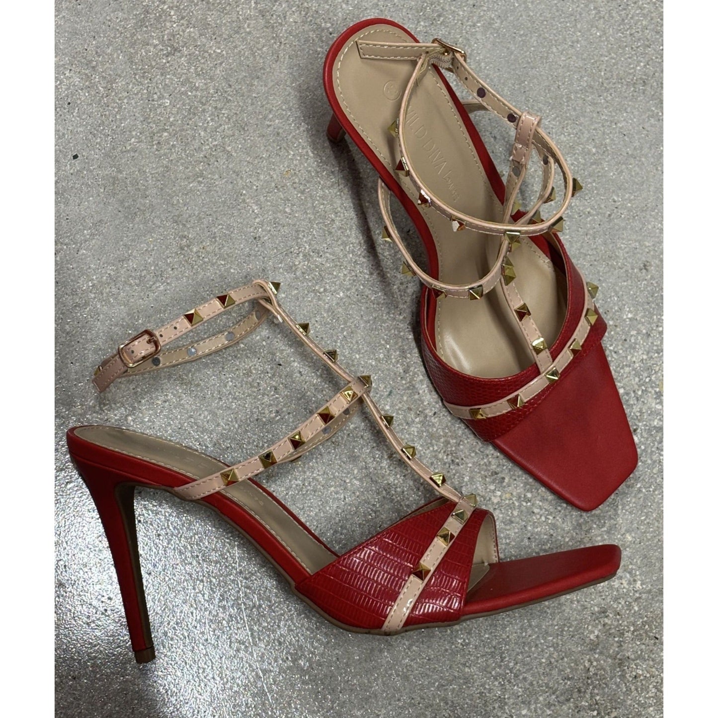 WILD DIVA / Lacey-28 / Red / Strappy / High Hee l/ Sandals With Gold Studded Accents SHOES BY FLOR