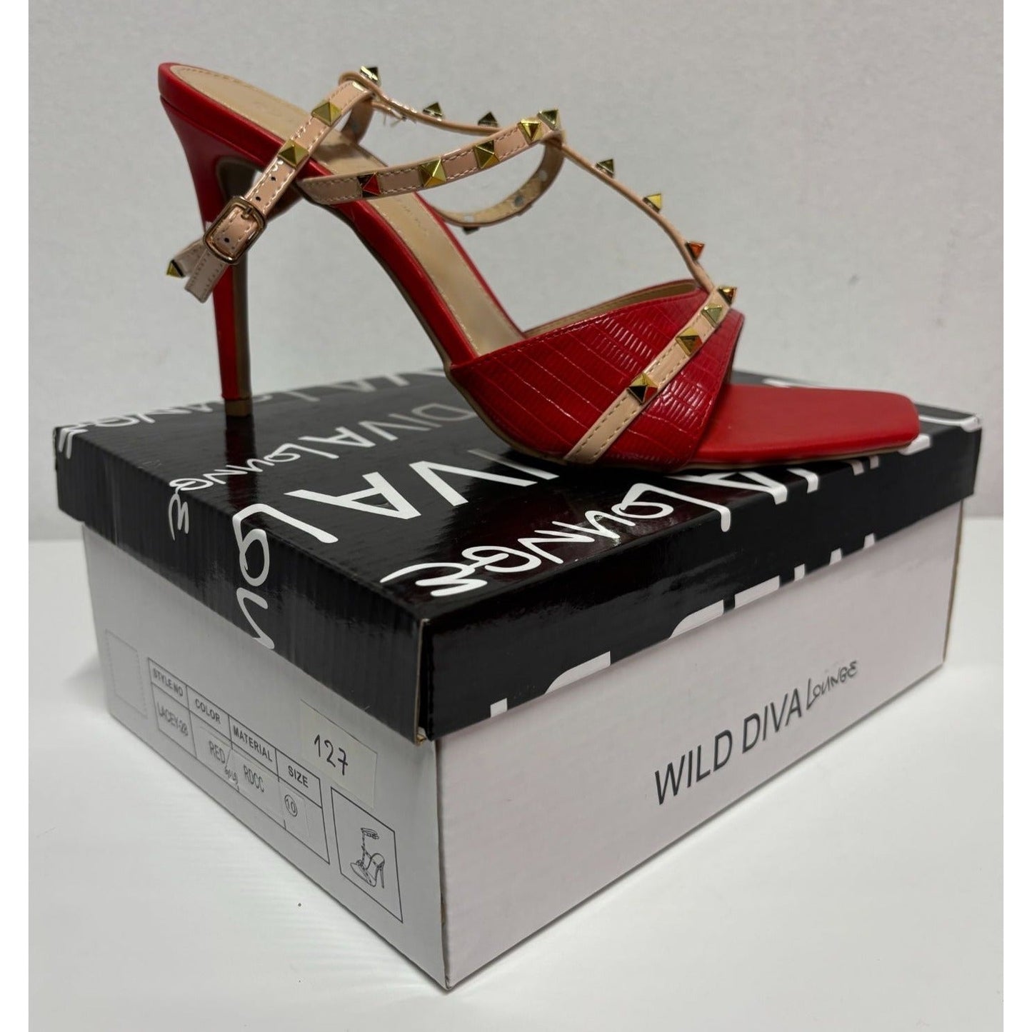 WILD DIVA / Lacey-28 / Red / Strappy / High Hee l/ Sandals With Gold Studded Accents SHOES BY FLOR