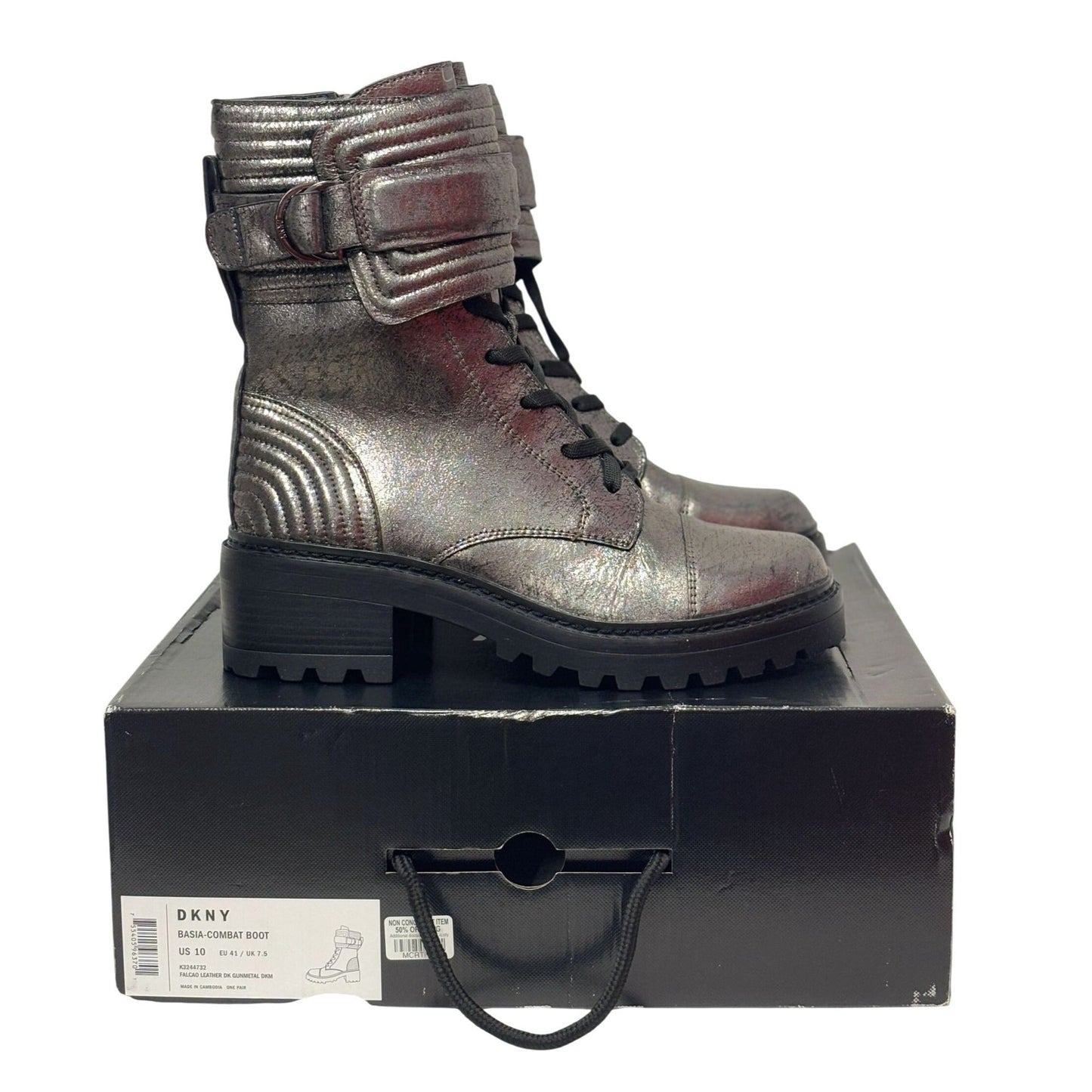 DKNY / Basia Combat / Metallic / Boots With Side Zipper & Buckle Straps / Ancle-High / US Size 10 SHOES BY FLOR
