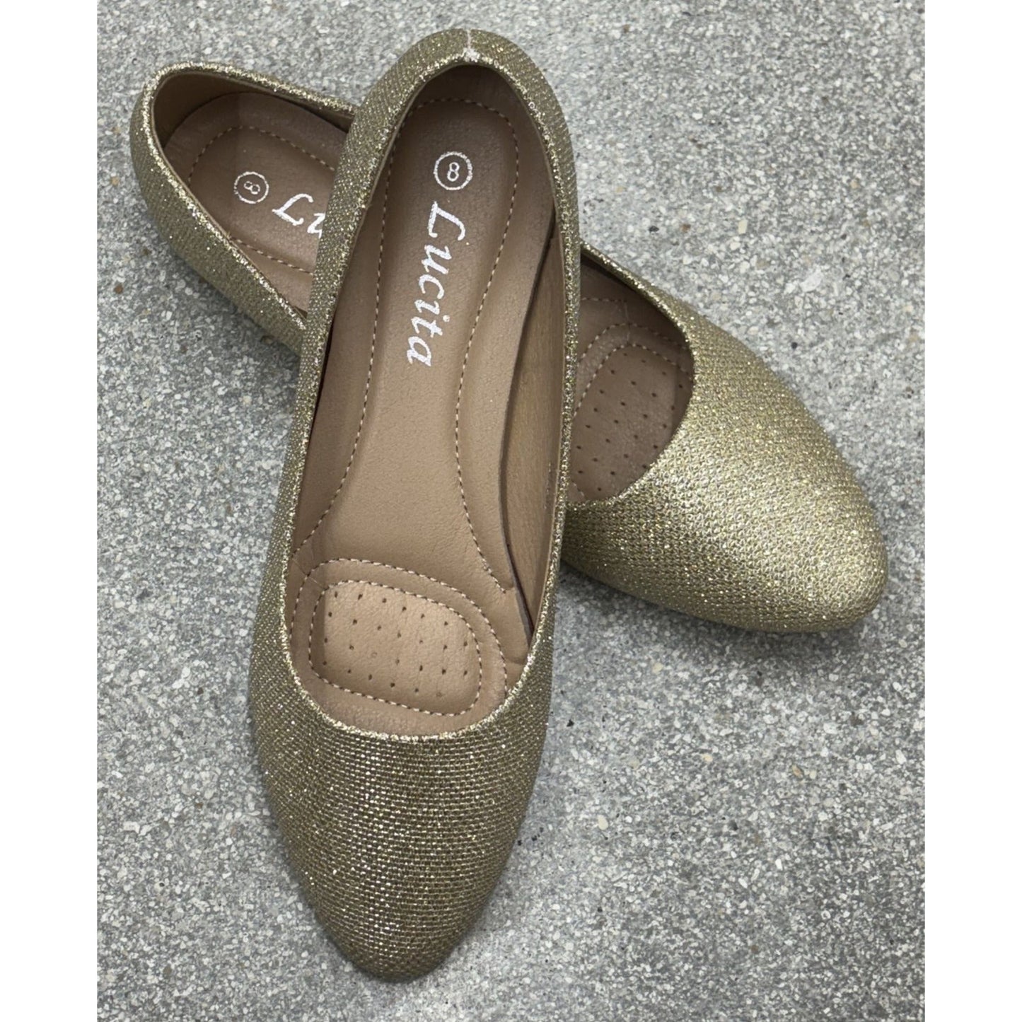 LUCITA / Friendly / Glitter Pointed-Toe / Ballet / Flats / Gold / Sparkle Synthetic Upper & Sole SHOES BY FLOR