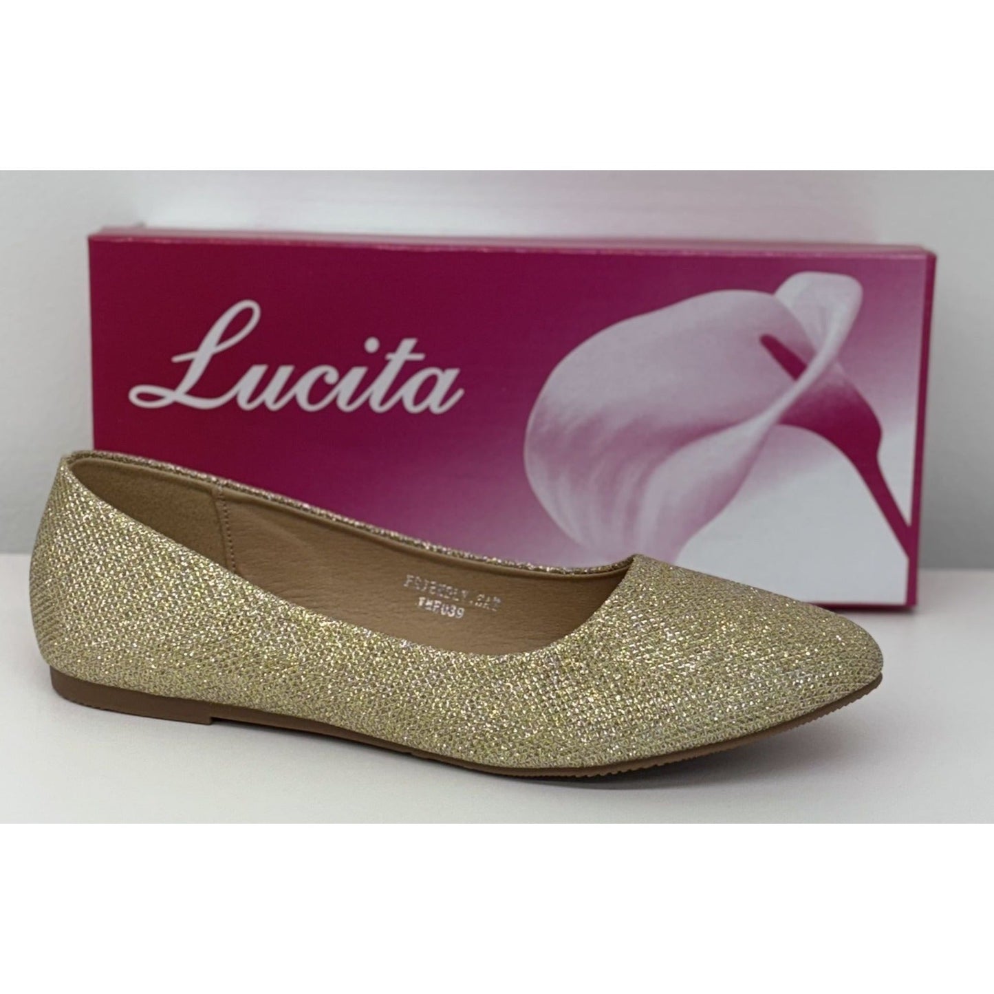 LUCITA / Friendly / Glitter Pointed-Toe / Ballet / Flats / Gold / Sparkle Synthetic Upper & Sole SHOES BY FLOR