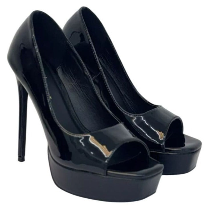 OLIVIA FERGUSON / Cassandra / Black Patent / Leather / Open-Toe Platform Stiletto / Size 8.5 SHOES BY FLOR