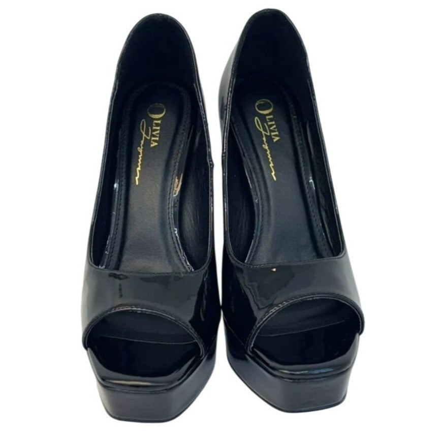 OLIVIA FERGUSON / Cassandra / Black Patent / Leather / Open-Toe Platform Stiletto / Size 8.5 SHOES BY FLOR