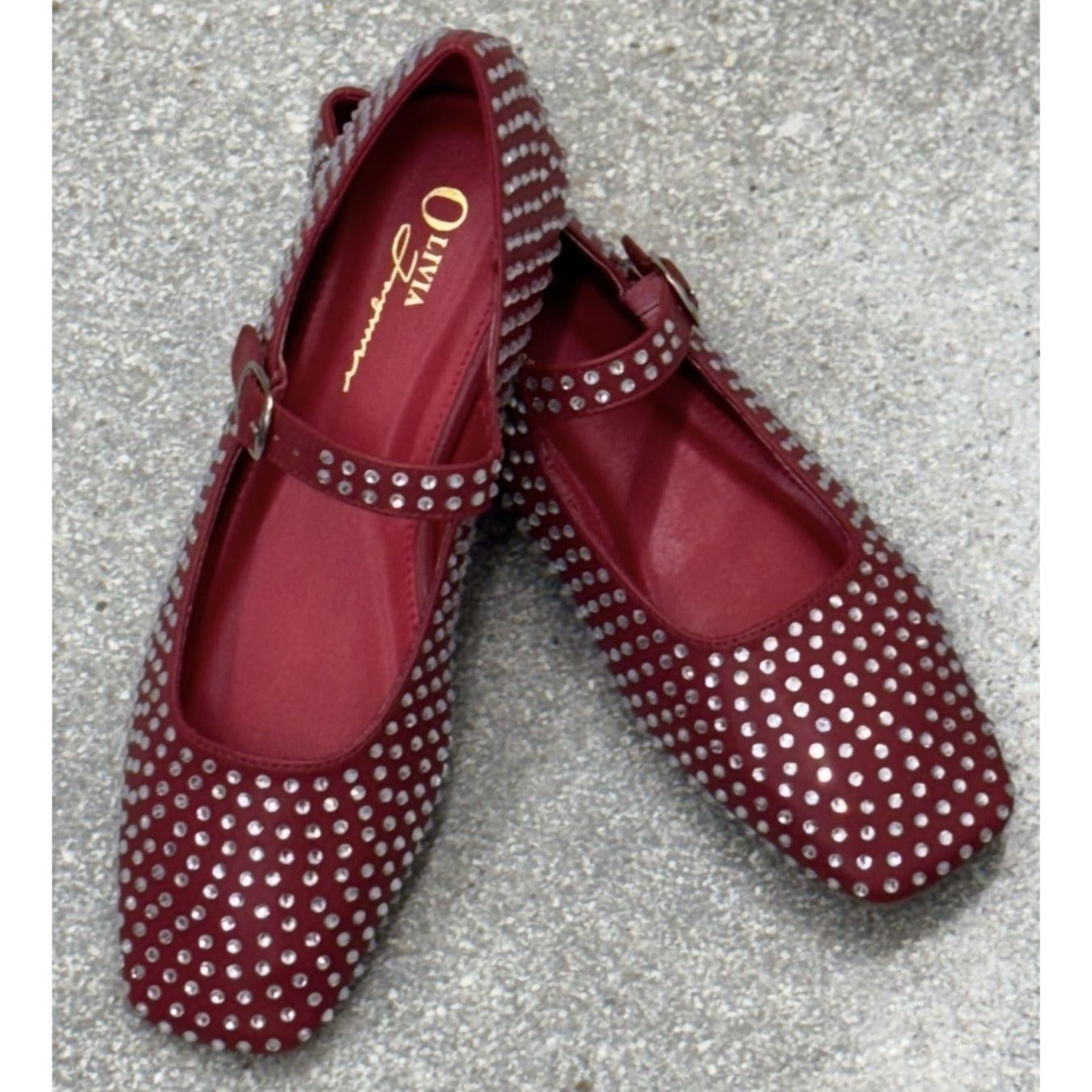 OLIVIA FERGUSON / Nancy / Flat / Mary Jane / With Diamonds encrusted Rhinestone-Studded / Faux Suede Upper / Red SHOES BY FLOR