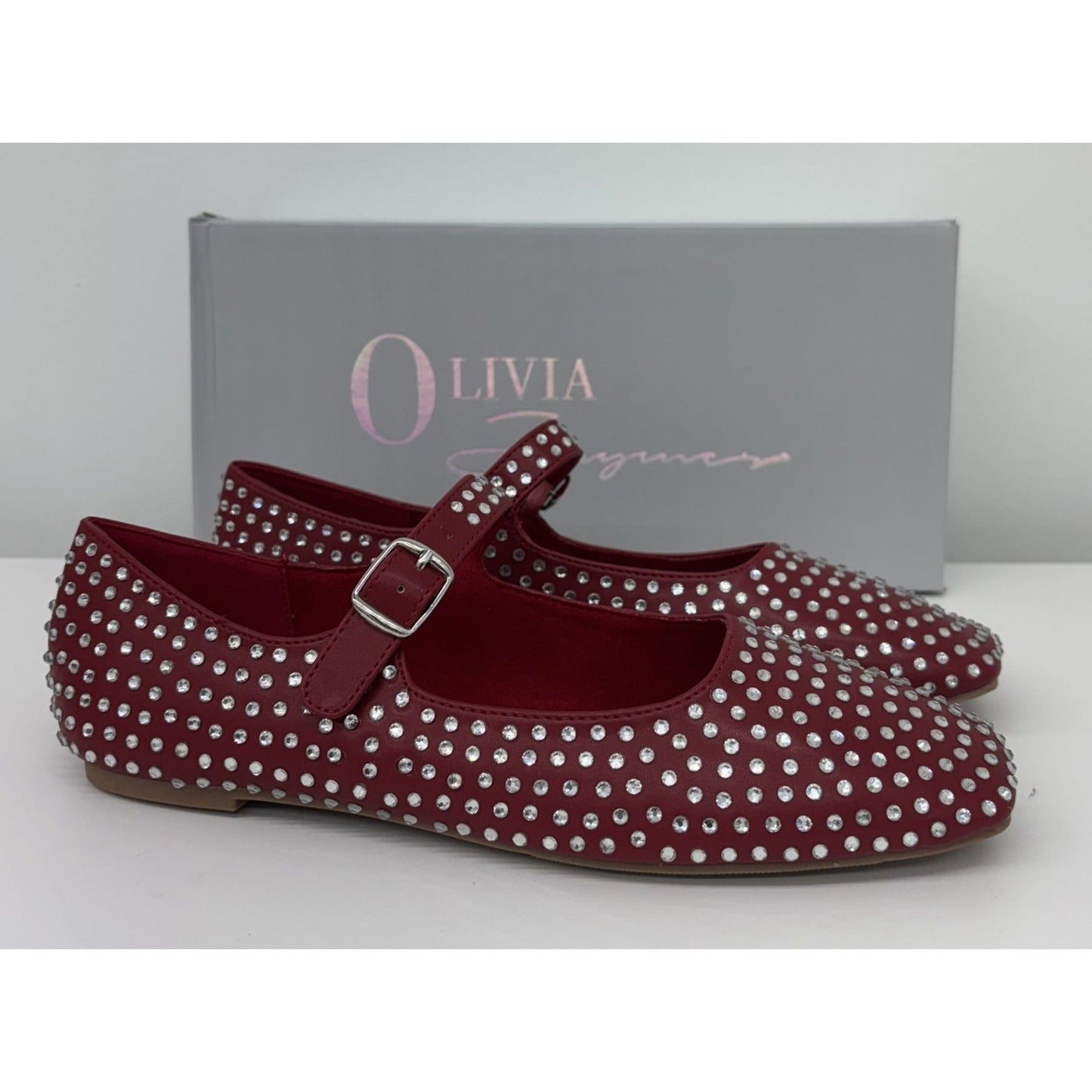 OLIVIA FERGUSON / Nancy / Flat / Mary Jane / With Diamonds encrusted Rhinestone-Studded / Faux Suede Upper / Red SHOES BY FLOR
