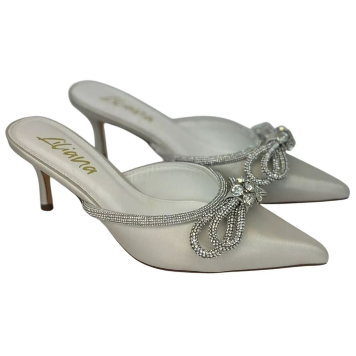 LILIANA / Romantiq 1 / Elegant / Satin / Pointed-Toe Heels / With Rhinestone Bow Detail / Slip-On Mule / Style For Special Occasions SHOES BY FLOR