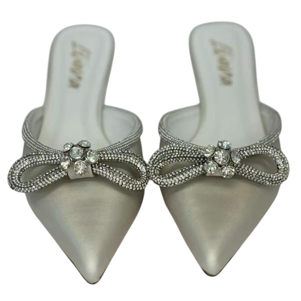 LILIANA / Romantiq 1 / Elegant / Satin / Pointed-Toe Heels / With Rhinestone Bow Detail / Slip-On Mule / Style For Special Occasions SHOES BY FLOR