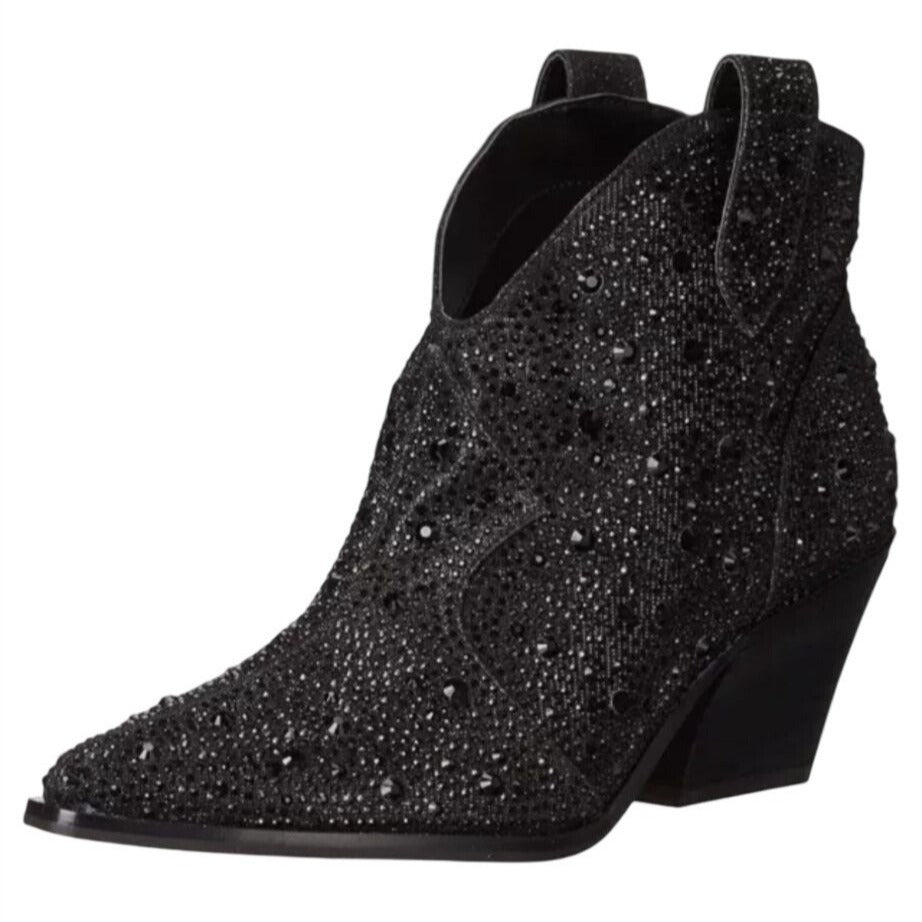 JESSICA SIMPSON / Black / Glittered / Ankle / Boots With Block Heel And Pull Tabs / Size 6.5 SHOES BY FLOR
