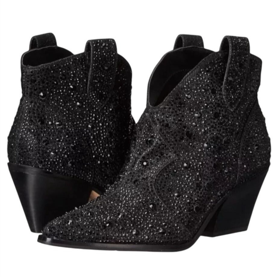 JESSICA SIMPSON / Black / Glittered / Ankle / Boots With Block Heel And Pull Tabs / Size 6.5 SHOES BY FLOR