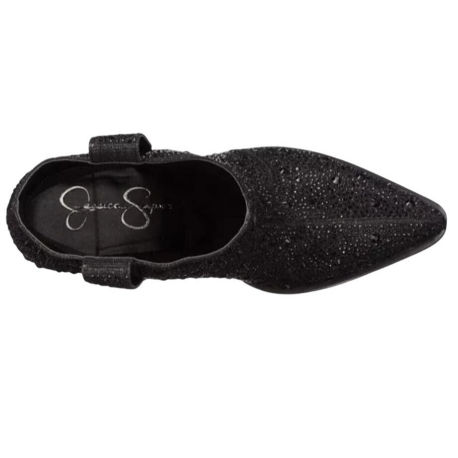 JESSICA SIMPSON / Black / Glittered / Ankle / Boots With Block Heel And Pull Tabs / Size 6.5 SHOES BY FLOR