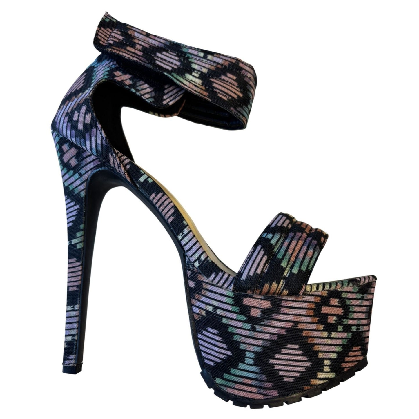BUMPER / Daniella / Black & Pink / Tribal Print / Platform / High Heels With Ankle / Strap / Size 8.5 SHOES BY FLOR