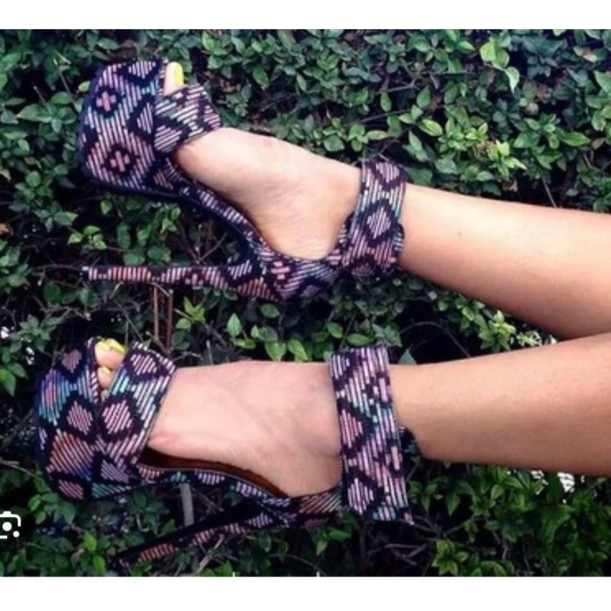 BUMPER / Daniella / Black & Pink / Tribal Print / Platform / High Heels With Ankle / Strap / Size 8.5 SHOES BY FLOR