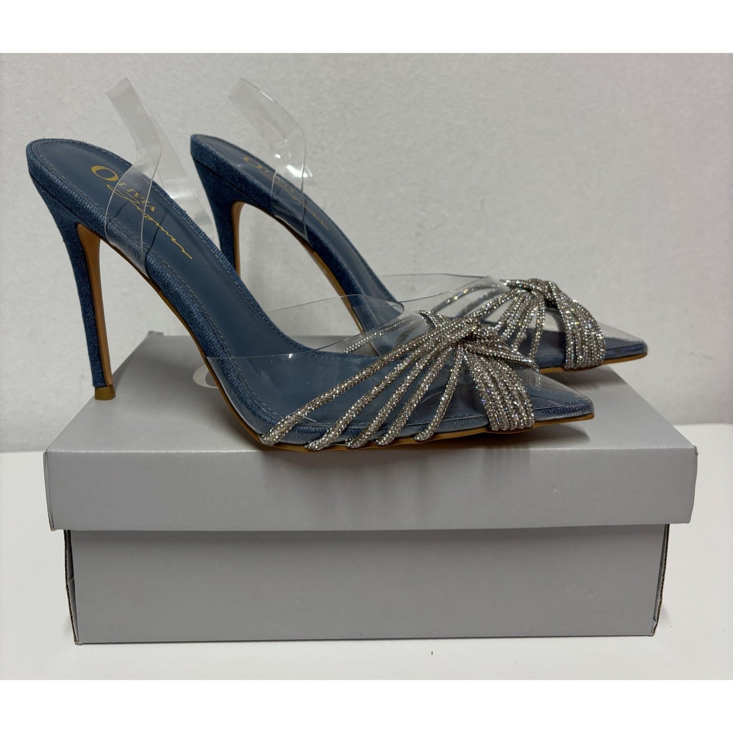 OLIVIA FERGUSON / Valentina / Blue / Open-Toe Heeled / Sandals With Rhinestone / Detailing & PVC Straps / Size 10 SHOES BY FLOR