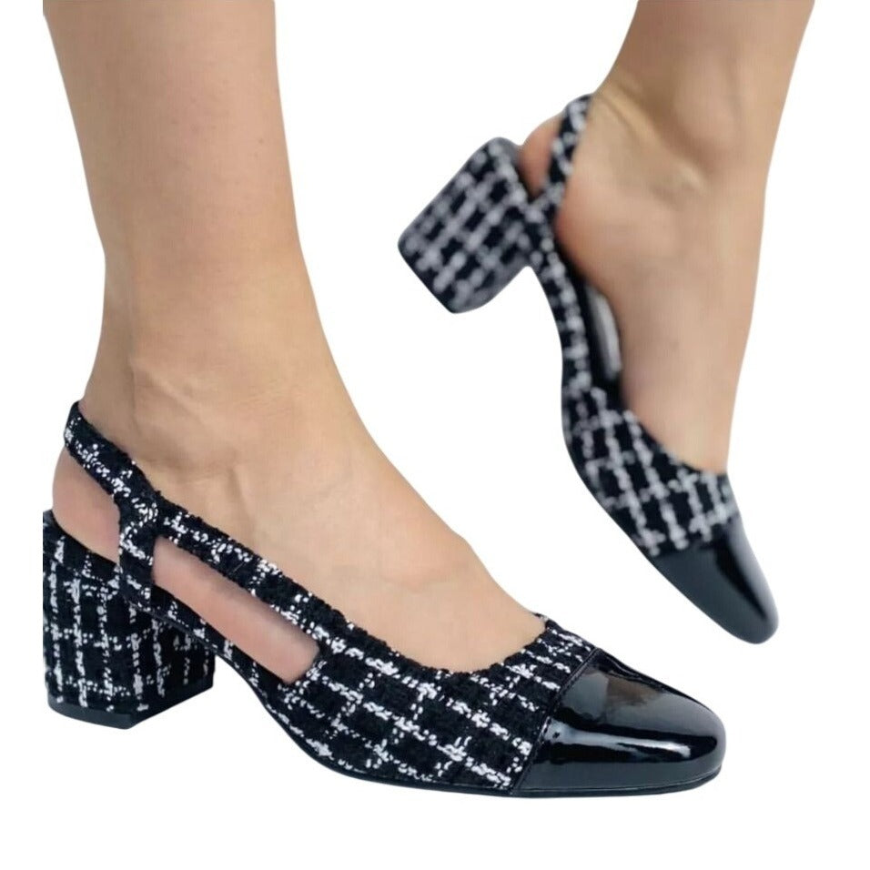 LILIANA / Kaya-3/ Black & White / Tweed / Block / Heel Slingback / Shoes With Patent Toe / Size 8.5 SHOES BY FLOR