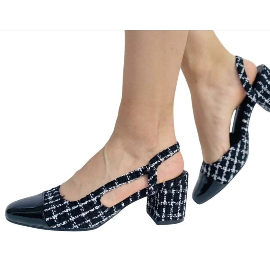 LILIANA / Kaya-3/ Black & White / Tweed / Block / Heel Slingback / Shoes With Patent Toe / Size 8.5 SHOES BY FLOR